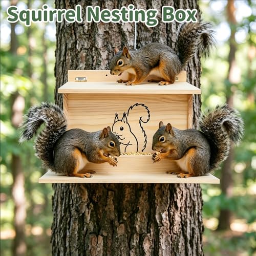 Squirrel House, Squirrel Box, Squirrel Houses for Outside, Squirrel Boxes with Front Feeder, Nesting Box, Wooden Houses with Predator Guard Design for Squirrels, Chipmunk and Small Animals