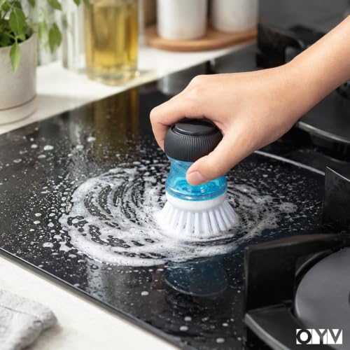 OYV Soap Dispensing Palm Brush Set | Includes Silicone Drip Tray, 1 Refill, Non-Scratch Nylon Bristles, Kitchen Dish Scrub Brush for Cleaning Pots, Pans, Sinks - color: White/Clear/Black