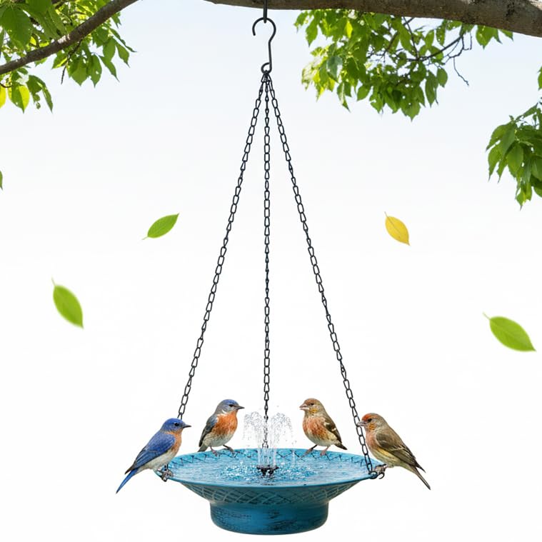 12.6" Hanging Bird Bath with Solar Fountain, Solar Bird Bath Fountains, Hanging Bird Baths for Outdoors, Hummingbird Fountain, Bird Bath Fountains Solar Power for Garden Patio Decor, Blue - color: Blue
