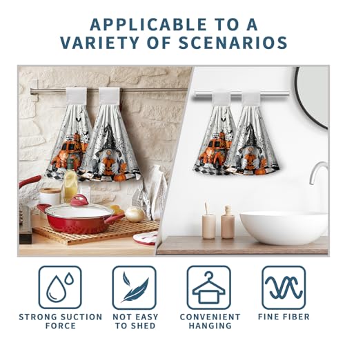 Halloween Gnome Pumpkins Hanging Hand Towels Set of 2 Bats Spider Webs Truck Kitchen Towels with Hanging Loop Orange and Black Seasonal Tea Towel Soft Absorbent Fingertip Tie Towels for Bathroom - color: Gnome Pumpkin-a