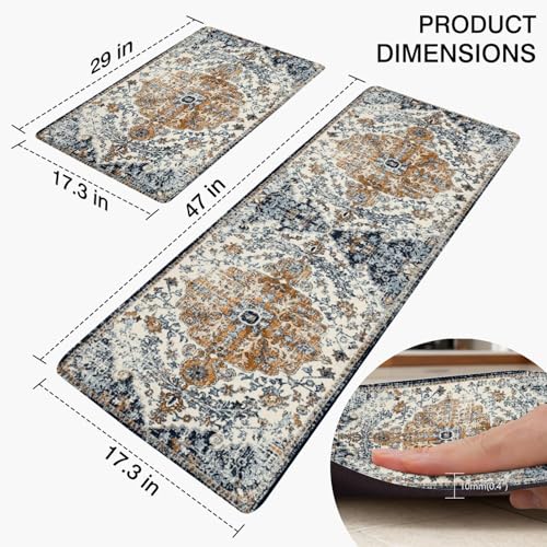 Boho Kitchen Mats, 2PCs, 17.3"x47"+17.3"x29", Dark Blue & Orange | Country Rustic Farmhouse Kitchen Rugs Decor Anti Fatigue, Non Slip Comfort Washable Waterproof, for Home, Sink, Laundry - color: Dark Blue