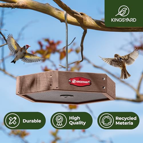 Kingsyard Hanging Platform Bird Feeder for Outdoors, Deep Tray, Brown | Weather-Resistant Recycled Poly Lumber, Fast-Draining Metal Mesh Base, Easy to Clean, Holds Up to 3 lb of Seed - color: Brown