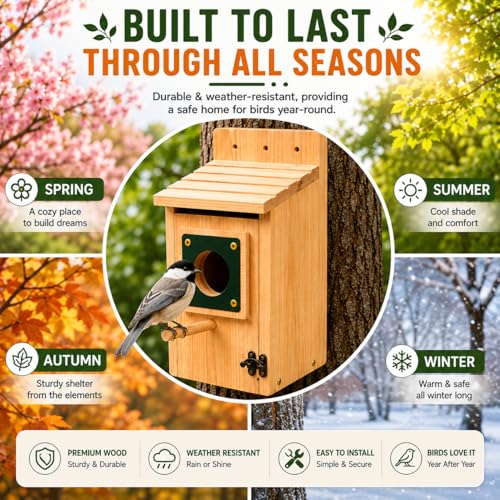 Bluebird House for Outside, Bird House with Copper Predator Guard, Natural Pine Wood Birdhouse, No Assembly Required, Easy Clean Nesting Box for Bluebirds, Wrens, Chickadees, Tree Swallows & Finches