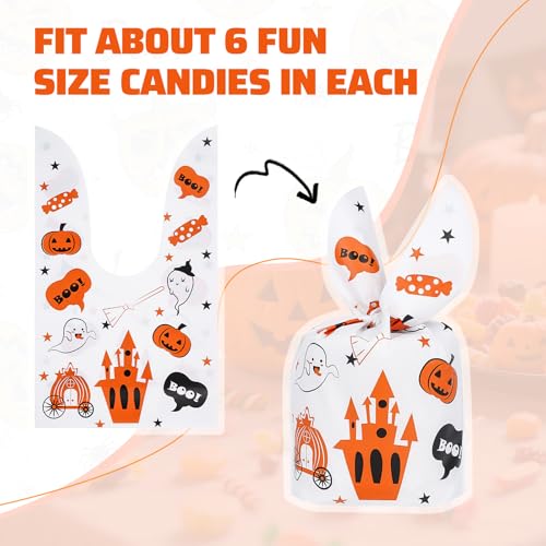 100PCS Halloween Treat Bags with Bunny Ear Ties, Ghost Castle Designs | Thick plastic goodie bags, 2 Halloween designs, ideal for candy, party favors, classroom exchanges and trick-or-treat - color: White & Black