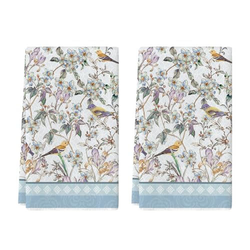 Artoid Mode Blue Retro Floral Bird Kitchen Towels Dish Towels, 18x26 Inch Farmhouse Spring Decoration Cleaning Set of 2