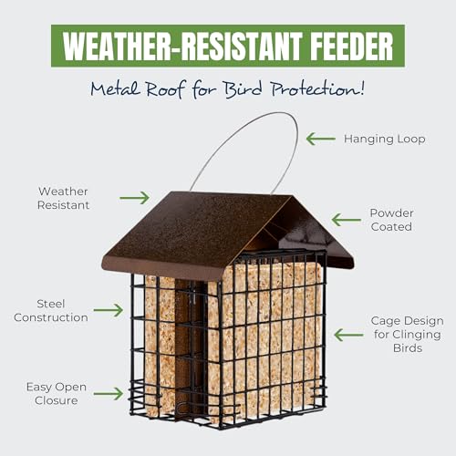 MEKKAPRO Suet Bird Feeder Metal Roof Cage Hanger Holds 2 Suet Cakes Outside | Woodpecker Feeder Offering Two Suet Bird Feeder Capacity; A Hanging Wild Bird Feeder Basket Built For Outside Use Year-round