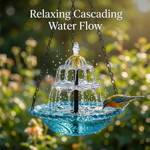 2026 New Solar Cascade Hanging Bird Bath Fountain – Outdoor Bowl Bird Bath with Solar Pump, Large Hanging Fountain for Hummingbirds, Gardens, Patio & Backyard (Blue)