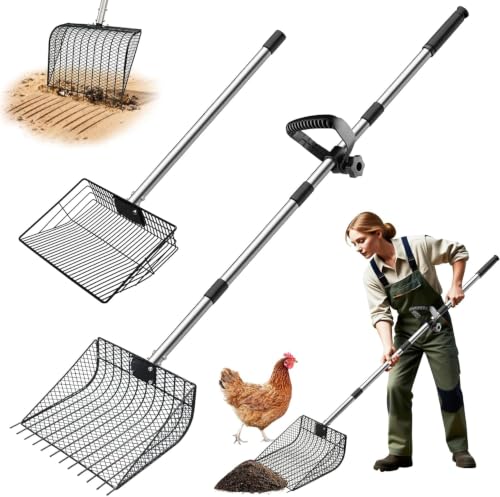 11.61" Chicken Poop Scooper & Rake 2-in-1+ 9.84" Pooper Scoopers, 25" to 67" Large Metal Litter Scoop with Adjustable Stainless Steel Handle for Farm Sifting Coops Cleaning Chicken Litter Pet Waste - size: 2-pack(11.81 inches + 9.84 inches)