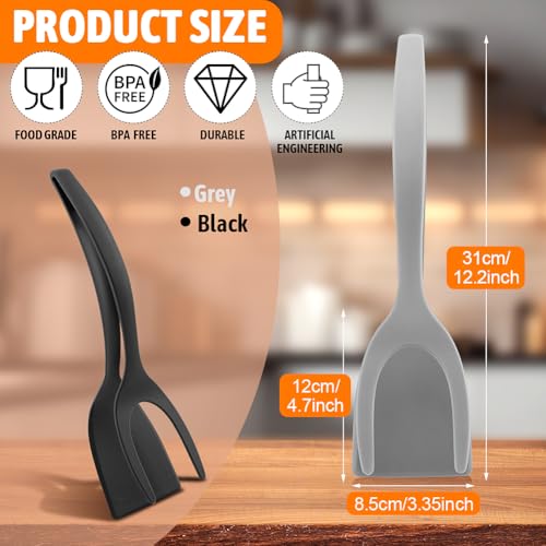 2 in 1 Egg Flipper Spatula, Non-Stick Grip and Flip Spatula Tongs for Pancakes, Omelets, Fish, Eggs, Burgers, Steaks, Heat Resistant Cooking Tool for Kitchen use (Black+Grey) - color: Black+Grey