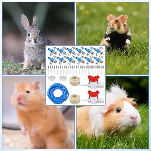 16 Set Automatic Rabbit Watering System Kit,ID 5/16" Hose 16 PCS Nipple Drinkers,Barb Fittings to G1/2" Thread Connectors, Bunny Rabbit Waterer Kit T-Fittings Springs,Gaskets,Bucket Connector