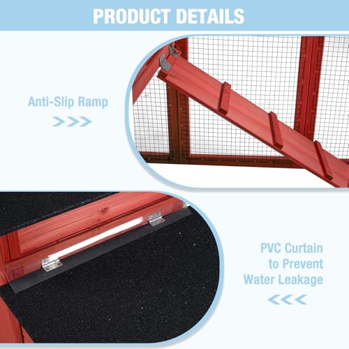 Large Chicken Coop with Run and Wheels, Wooden Hen House with Nesting Box and Waterproof Roof, Poultry Cage with Leakproof Tray, Rabbit Hutch, Bunny Cage Outdoor, Chicken Tractor for 4 Chickens (Red) - color: Red, size: 73.4"L x 27.9"W x 43.2"H