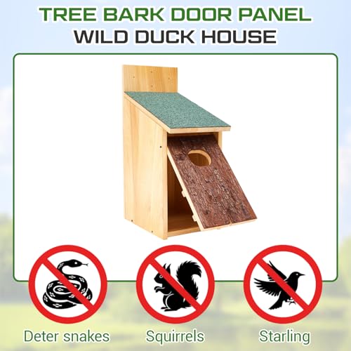 Yaocom 22.8 x 14.6 x 11.0 Inch Wooden Duck Nesting Box with Bark Door Asphalt Roof Waterproof Camouflage Duck House for Outside Tree Wall & Pole Installation