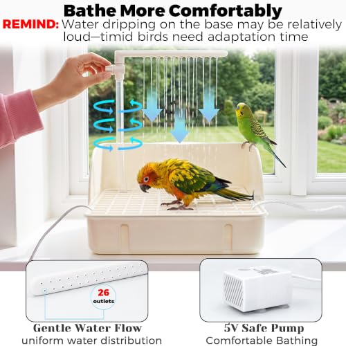 Automatic Parakeet Bird Bath with Pump & Control Valve for Tame Birds | Large Bird Shower Fountain Indoor Bathtub, Parrot Bath Tub Faucet for Pet Birds, Cockatiel, African Grey, Conure, Lovebird - color: White with Control Valve