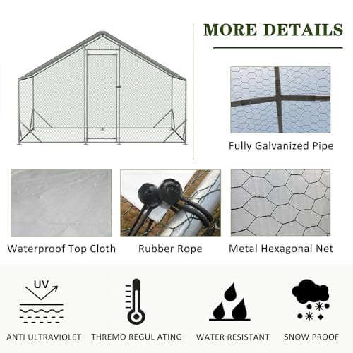 Large Metal Chicken Coop Walk-in Poultry Cage with Water-Resident Cover | Anti-UV water resistant cover, spacious habitat for poultry rabbits and small farm animals - size: 6.5’L×9.8’W×6.5’H