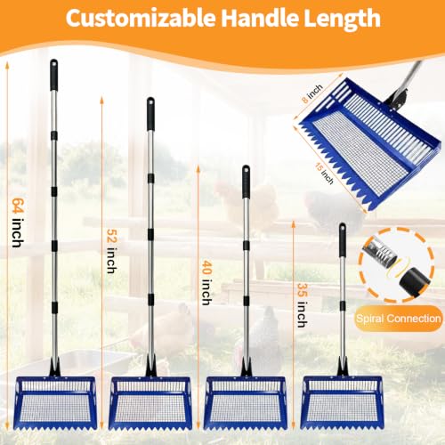 Chicken Poop Scooper Rake, 2-in-1 304 Stainless Steel 15 Inch Scoop | 35-63 Inch Adjustable Handle, Durable 304 Stainless Steel, Sand & Litter Sifting, Chicken Coop & Pet Waste Cleaning - color: blue