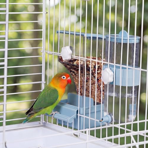 Novabright No Mess Bird Feeder Water Dispenser Set, Automatic Transparent Bird Food Container and 12 oz Automatic Water Feeder for Small Birds Parrot, Cockatoo, Canary, Cage, Lovebird, Budgies(Blue) - color: Blue