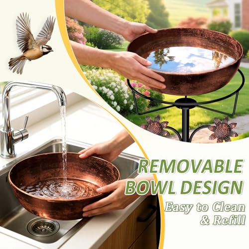 3" Deep Metal Bird Bath for Outside, Removable 12" Dia Vintage Bird Baths Bowl for Outdoors with Stable 5-Prong Stake, 37" H Freestanding Birdbath for Garden Patio Yard Lawn (Brush Bronze)