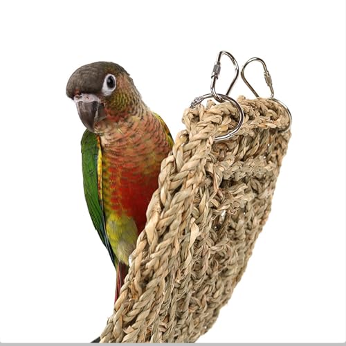 39.34 x 7.08 Inch Large Seagrass Mat for Birds with 5 Hooks, Bird Cage Accessories, Natural Grass Woven Bird Net Hammock Mat, Climbing Rope Ladder Chew Toys