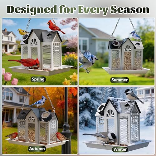 Solar Bird Feeder for Outdoors Hanging –Bird Feeders with Solar Light | Heavy Duty Metal Wild, with 5 Bird ID Cards, Chew Resistant Seed Feeder for Cardinal, Unique Gifts for Mom