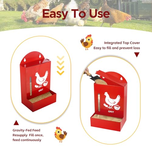2 Pack Chicken Grit and Oyster Shell Feeder, Metal Oyster Shell Feeder with Visual Window and Lid, Hanging Gravity Chicken Grit Feeder, Chicken Coop Accessories for Healthier Hens and Eggs