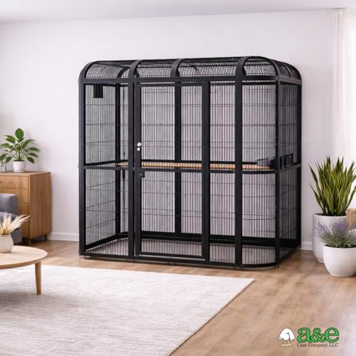A&E Cage Co WI8662 Walk-in Bird Aviary for Parrots, 86"x62"x79" Black | Key-Lock 69"x25" Front Door, 3 Feeder Doors, Stainless Steel Bowls, Powder-Coated Finish, Room for Large Parrots - size: 86.0"L x 62.0"W x 79.0"H