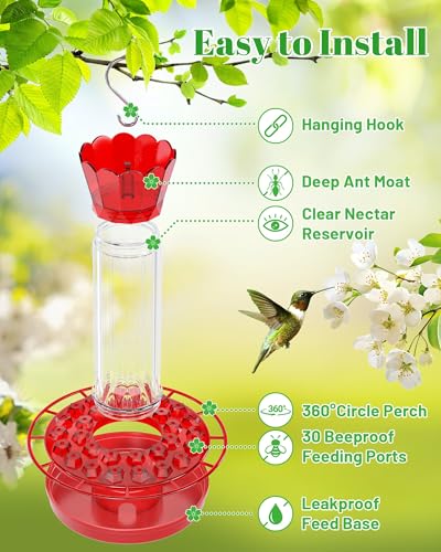Hummingbird Feeders for Outdoors - 30 Bee Proof Feeding Ports 10 oz Red Hanging Plastic Humming Bird Feeder with Built-in Ant Moat, Perches for Outside Garden Yard Decorative