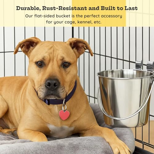 6 quart Stainless Steel Flat Sided Bucket with Dual Hooks | 1.5 gal Durable Food & Water Bowl for XL Dog Goat Sheep & Livestock | Fits kennel Cage Critter Crate | Hanging Utility Pet Pail - size: 6 Quart