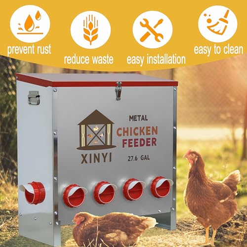 XINYI Automatic Metal Chicken Feeder, 27.6 Gallon Large Capacity with 10 No Waste Ports, Gravity Feeder with Locking Lid & Riveted Handles, Rodent Proof and Weatherproof for Your Chicken Coop - size: 10 ports