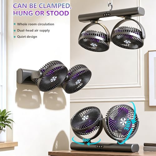 Quiet Fan with 360° Dual Heads, Battery Operated Desk Fan, 3-Speed Side Table Fan, Bedside Table Fan with Night Light, Portable Fan Wall Mount or Ceiling Hanging for Camping Bedroom Office (Grey)