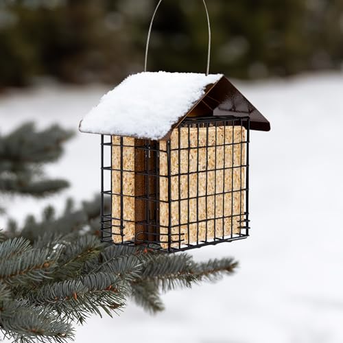 MEKKAPRO Suet Bird Feeder Metal Roof Cage Hanger Holds 2 Suet Cakes Outside | Woodpecker Feeder Offering Two Suet Bird Feeder Capacity; A Hanging Wild Bird Feeder Basket Built For Outside Use Year-round