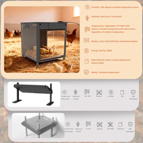 Brooder Box for Chicks, Upgrade Chicken Brooder Box with Adjustable Temp (77~95℉) & 9H Timer, Removable Feeder, Waterer, 10S Rapid Brooder Heating Plate, 200W Poultry Coop Heater Fits Ducks, Quails - color: Jet black