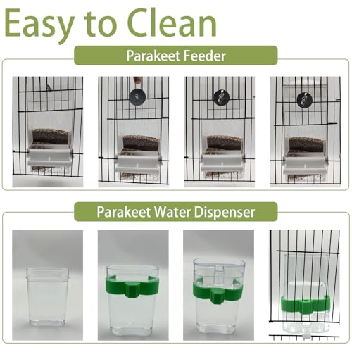 Automatic No Mess Bird Feeder Water Dispenser Set | Acrylic Transparent Parakeet Cage Accessories Bird Feeder and Waterer in Cage for Small and Medium Cockatiel Finche Lovebird - color: White + Green