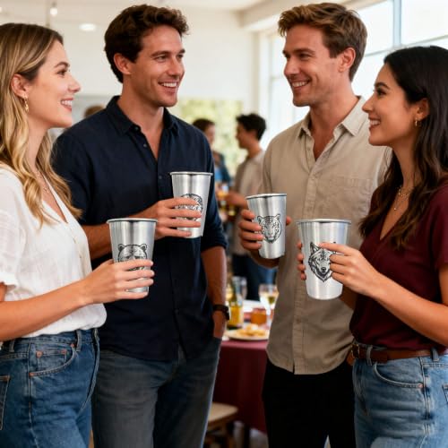 4 Pack 16oz Conical Stainless Steel Cups - Laser Engraved Animals, Stackable Durable Metal Cold Drink Cups for Parties & Outdoor Events (Bear/Lion/Tiger/Wolf) - color: Wild Animal 1
