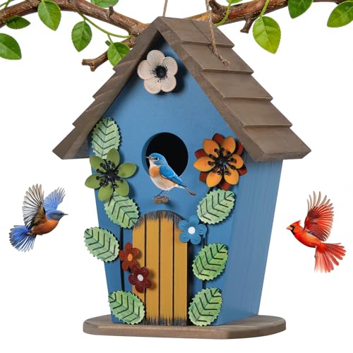 Wooden Bird Houses for Outside,Farmhouse Hanging Blue Birdhouse | Decorative Birdhouses for Outdoors,Bird Box Nest,Humming Bird House for Garden Patio Decor
