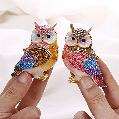 Hand Painted Enamel Couple Owl Trinket Box, Hinged Unique Mini Ring Necklace Jewelry Organizer, Classical Bejeweled Storage, Figurine Collectible Keepsake Home Decor (Couple Owl) - color: Couple Owl