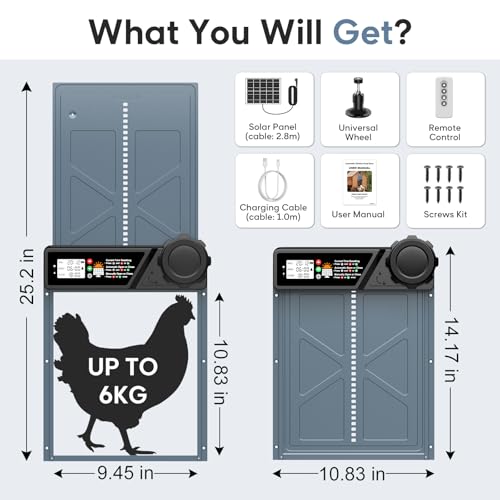 Large Size Automatic Chicken Coop Door Solar - Powered Auto Chicken Door Opener, Timer Modes for Safe and Convenient Chicken Keeping with Intelligent Obstacle Sensors, Remote Control, 14.2"H x 10.83"L