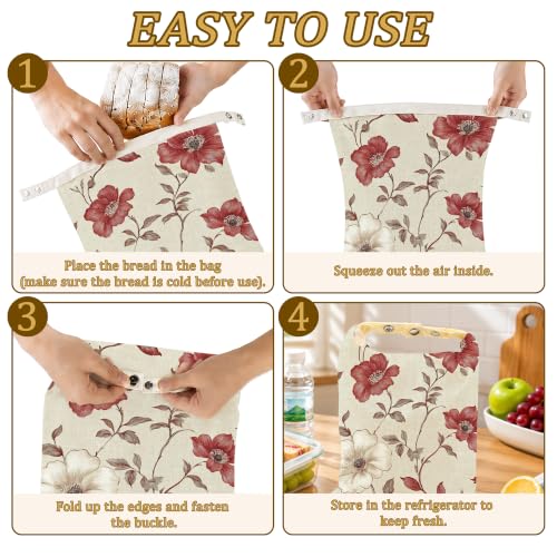 Red Floral Bread Bags for Homemade Bread, Vintage Garden 2 Pack Linen and Beeswax Sourdough Storage Bags, Reusable Keeper, Keeps Breads Fresh Longer, Gifts for Bakers - color: Red Floral