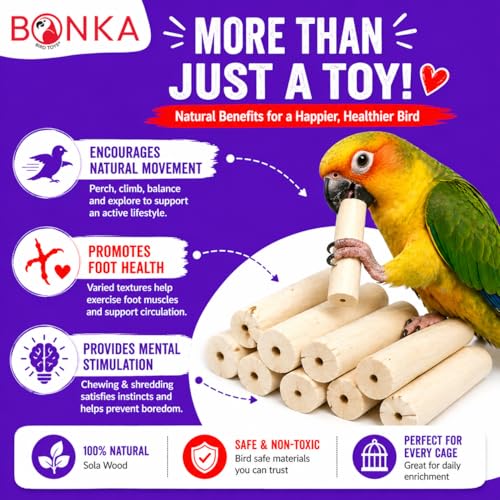 Bonka 1288 Pk6 Natural Sola Sticks 3" Bird Chew Toy for Small Birds | Soft sola root texture encourages natural chewing, shredding, and foraging activities - color: Pk6 Natural Sola Stick