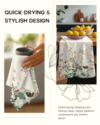 150GSM Flour Sack Kitchen Towels Set of 2, Ink Flowers | 18"x26", Lightweight, Lint-Free, Pure Cotton, Decorative, with Hanging Loop, Absorbent, Softer after Wash, Giftable Package - color: Ink Flowers