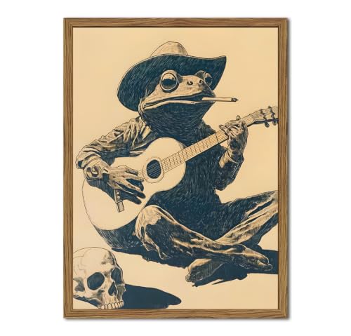 Funny Cowboy Frog Wall Art, Western Musical Frog Wall Decor Painting Whimsical Animal Poster Canvas Vintage Southwestern Prints Picture for Living Room Bedroom Bathroom 16x24 inch Wood Framed - color: Animal-Z-1, size: 24"L x 16"W