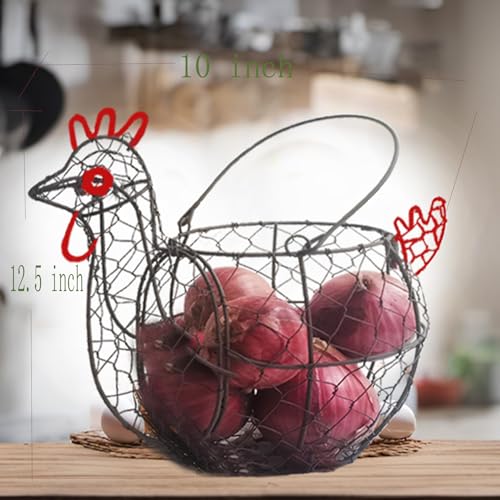 Rooster Shaped Chicken Wire Egg Basket for Gatheirng Fresh Egg | Chicken Egg Basket,Metal Egg Collecting Basket with Handle, Farmhouse Countertop Decor, Chicken Coop& Kitchen