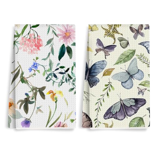 2 Pcs Butterfly Kitchen Towels, Absorbent Microfiber Dish Cloth Tea Towel | Butterfly Gifts Pastoral Floral Decorative , Botanical Waffle Soft Hand Towels for Farmhouse Home Bathroom - color: Multi 0427