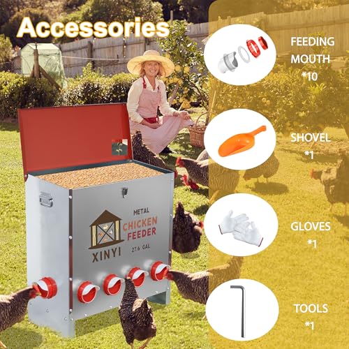 XINYI Automatic Metal Chicken Feeder, 27.6 Gallon Large Capacity with 10 No Waste Ports, Gravity Feeder with Locking Lid & Riveted Handles, Rodent Proof and Weatherproof for Your Chicken Coop - size: 10 ports