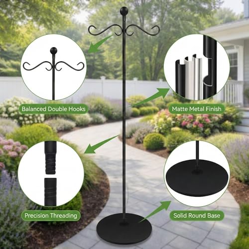 58 Inch Double Shepherds Hooks for Outdoor Indoor with Round Base Stand, Adjustable Shepherds Hook for Bird Feeder, Wind Chime, Solar Light for Garden Patio Home Decor