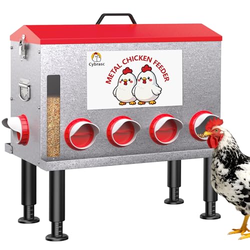 16-Gal Metal Automatic Chicken Feeder with No-Waste Feeding Tray | 88LB Capacity, 8 Feeding Ports, Rust-Proof Alloy Steel, Clear Viewing Window, Height-Adjustable Legs for Chicken Coops - color: Red, size: 16GAL-88LB