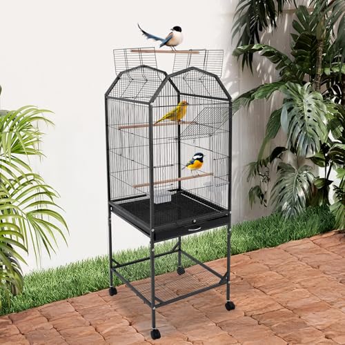 Bird Cage, 18.11 x 18.11 x 53.54 Inch Mobile Bird Flight Cage Large Metal Parakeet Cage w/Slide-Out Tray & Storage Shelf for Budgerigars Lovebirds Kea Parrots & Sun Conures - color: Black, size: 18.1"L x 18.1"W x 53.5"H