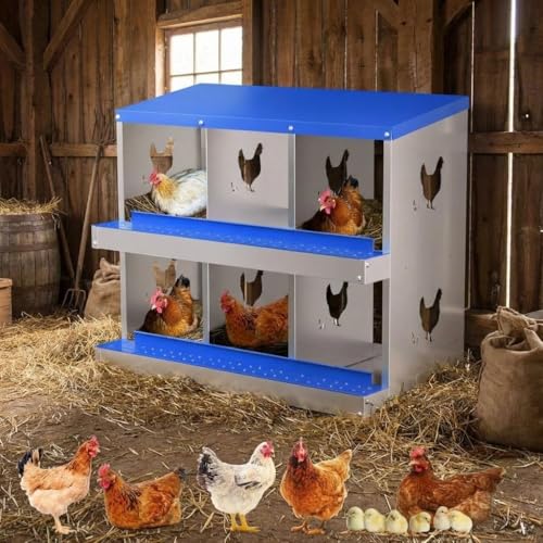 Chicken Nesting Box, 6 Compartment Galvanized Steel Chicken Laying Boxes, Heavy Duty Rustproof Chicken Coop with Easy Egg Collection for Backyard Farms - Wall Mountable, Blue - color: blue