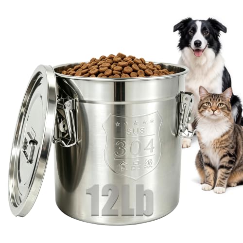 12Lbs 304 Stainless Steel Dog Food Storage Containers with Airtight Lid | Large Airtight Pet Food Storage Container Food Bin for Dogs, Cats & Birds Seed, Keep Fresh