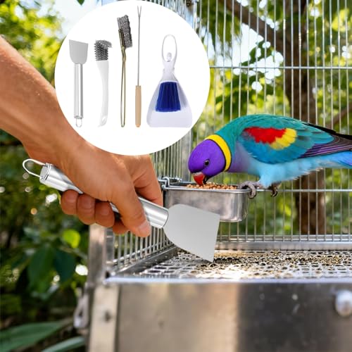 Bird Cage Cleaner Tool Set, Includes Stainless Steel Spatula, Brushes, Cleaning Fork, Small Broom, for Bird Poop Remover, Bird Cage Accessories, Easy Cleaning