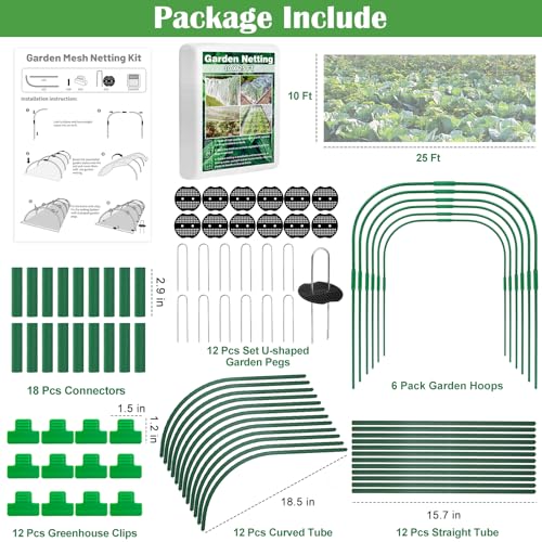 Unves 67 Pcs Garden Netting Kit, 10x25 Ft Ultra Mosquito Bird Netting with 6 Hoops & 12 Clips, Fruit Tree Netting for Patio Raised Beds Vegetable Flowers Protection Barrier - size: 10x25 Ft